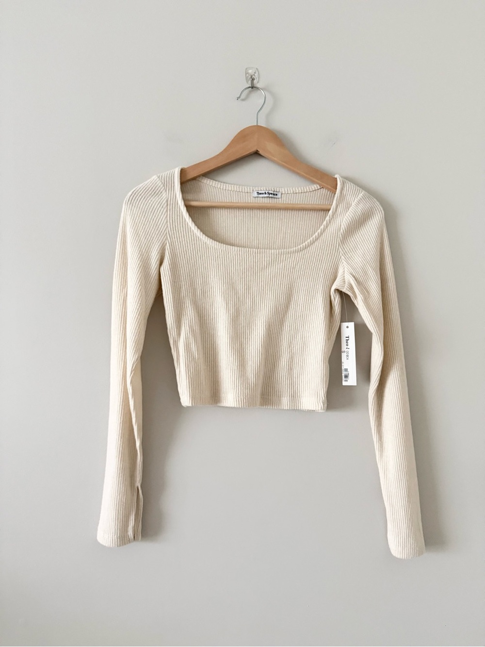 NWT Theo & Spence Ribbed Knit Scoop Long Sleeve Lounge Crop Top Cream Size S